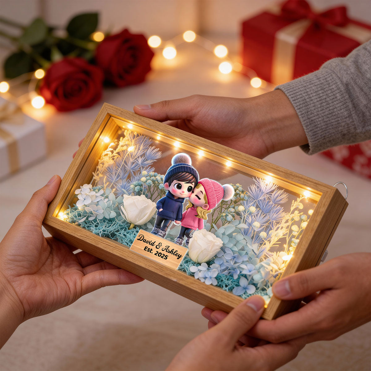 Eternal Love Cute Cartoon Chibi Couple Couple - Personalized DIY Flower Shadow Box LED Night Light - Gift For Couple, For Him, For Her