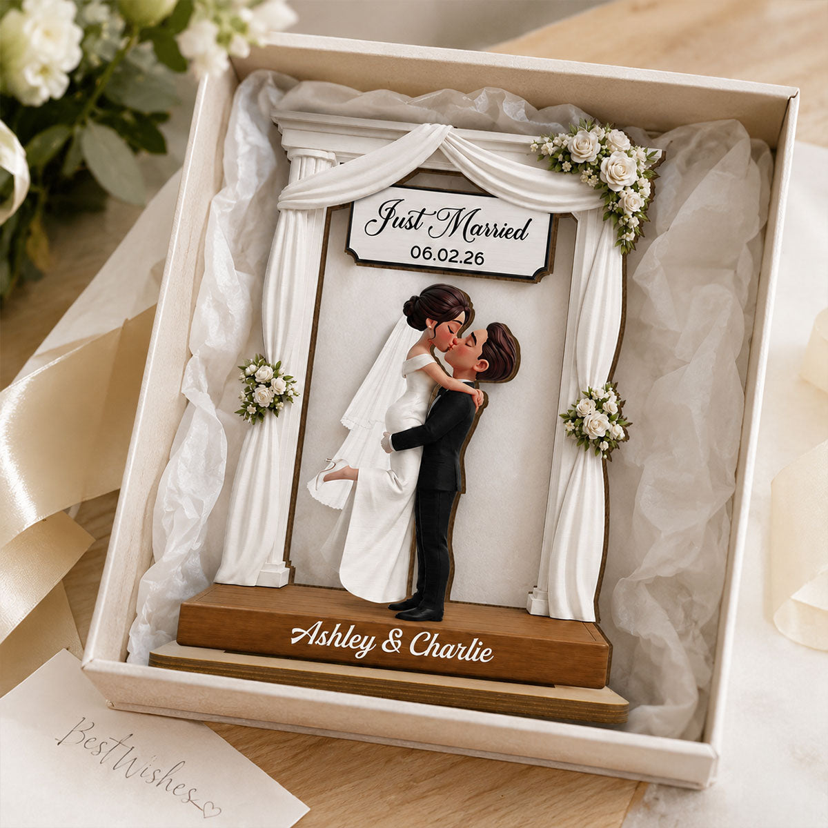Wedding Couple 2D Flat - Personalized Wooden Plaque - Wedding Gift Anniversary Gift Newlywed Gift