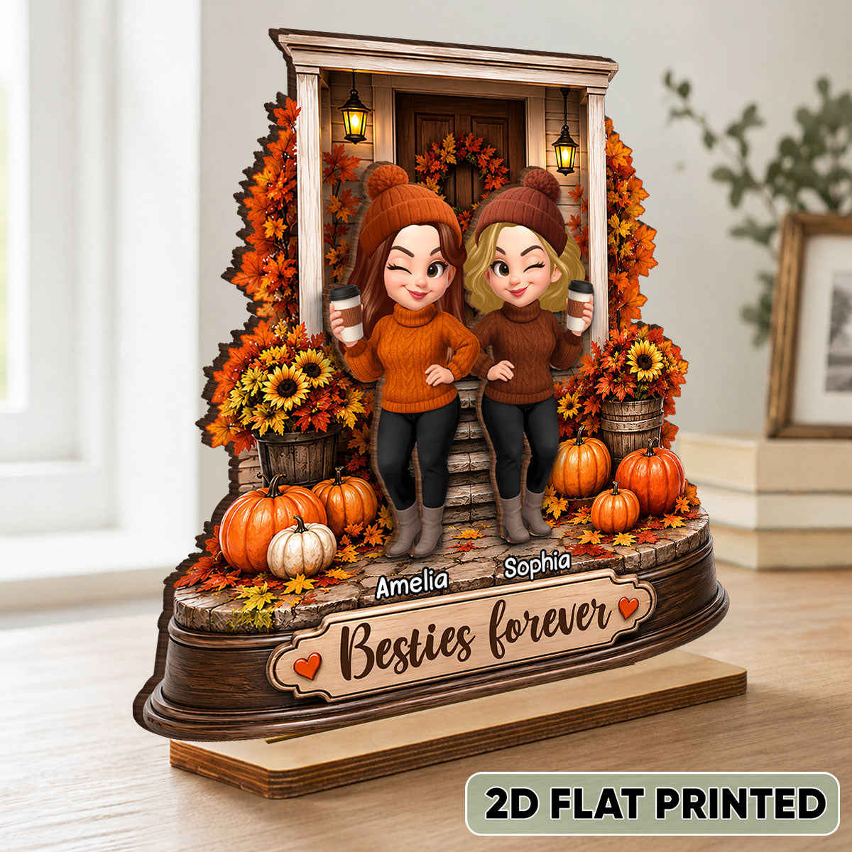Besties Forever Front Porch Memories - Personalized 2-Layered Wooden Plaque - Fall Season Gift For Besties