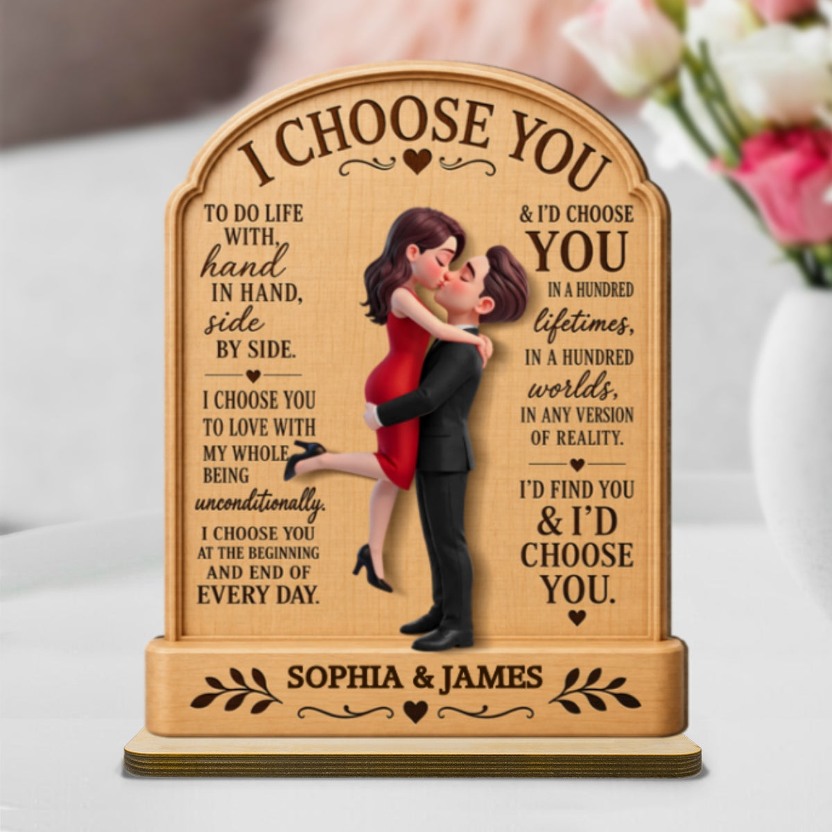 I Choose You Couple Couple Hugging Kissing 2D Flat - Personalized 2-Layered Wooden Plaque - Anniversary Gift Keepsake For Couples