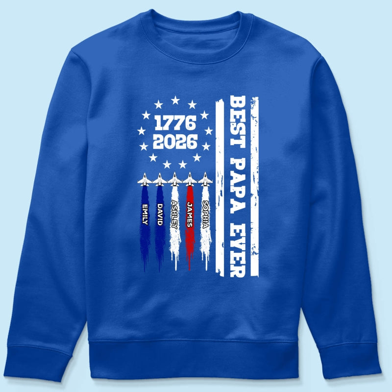 Best Dad Grandpa Ever Jets Smoke Custom Kid Name - Personalized Shirt - American 250th Anniversary Keepsake For Husband, Dad, Grandpa
