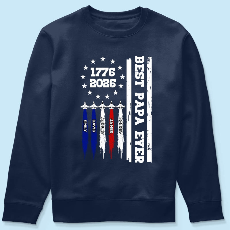 Best Dad Grandpa Ever Jets Smoke Custom Kid Name - Personalized Shirt - American 250th Anniversary Keepsake For Husband, Dad, Grandpa