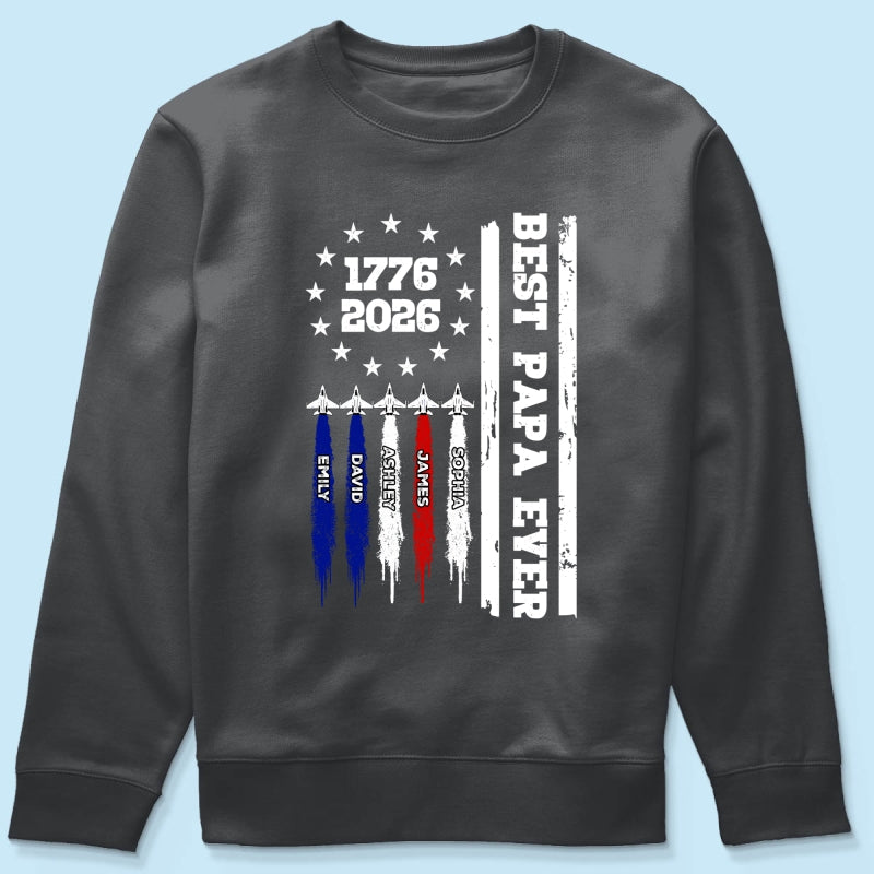 Best Dad Grandpa Ever Jets Smoke Custom Kid Name - Personalized Shirt - American 250th Anniversary Keepsake For Husband, Dad, Grandpa