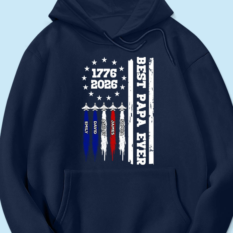 Best Dad Grandpa Ever Jets Smoke Custom Kid Name - Personalized Shirt - American 250th Anniversary Keepsake For Husband, Dad, Grandpa