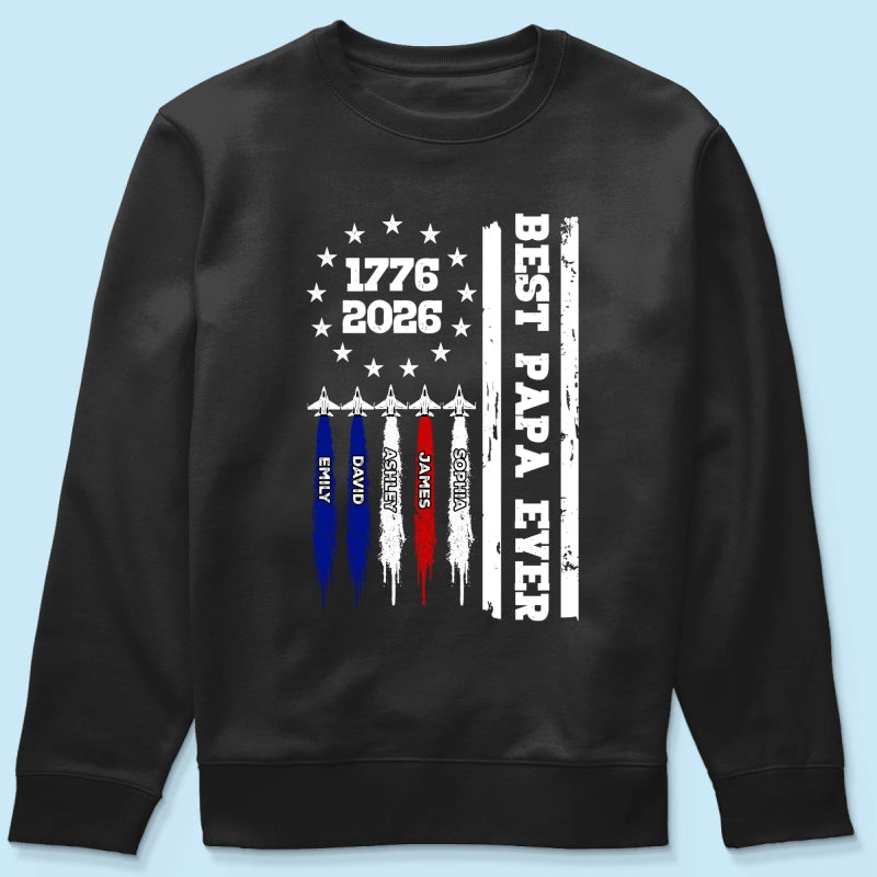 Best Dad Grandpa Ever Jets Smoke Custom Kid Name - Personalized Shirt - American 250th Anniversary Keepsake For Husband, Dad, Grandpa