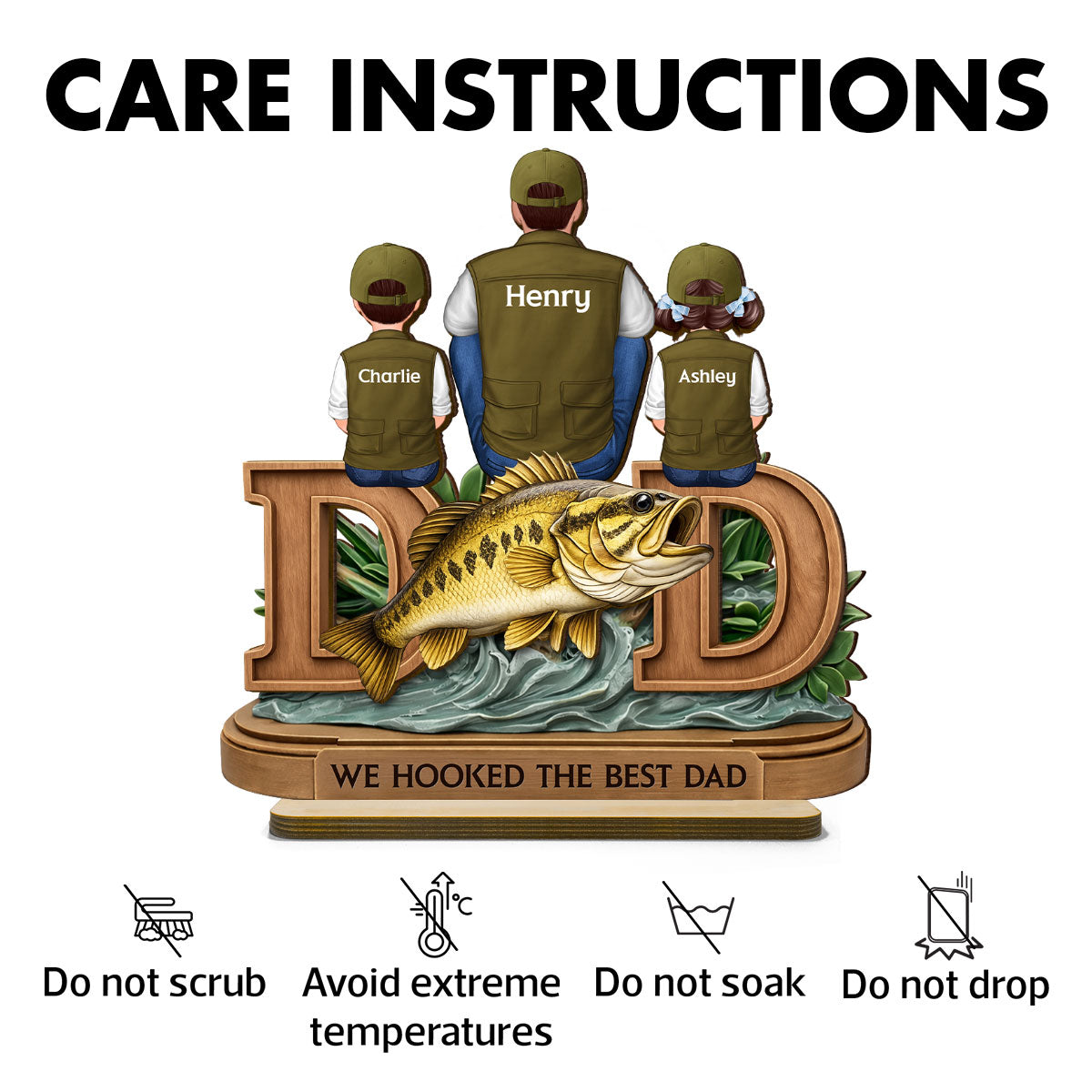 Fishing Dad And Kids Sitting Together - Personalized 2-Layered Wooden Plaque - Heartfelt Gift For Dad, Gift For Husband