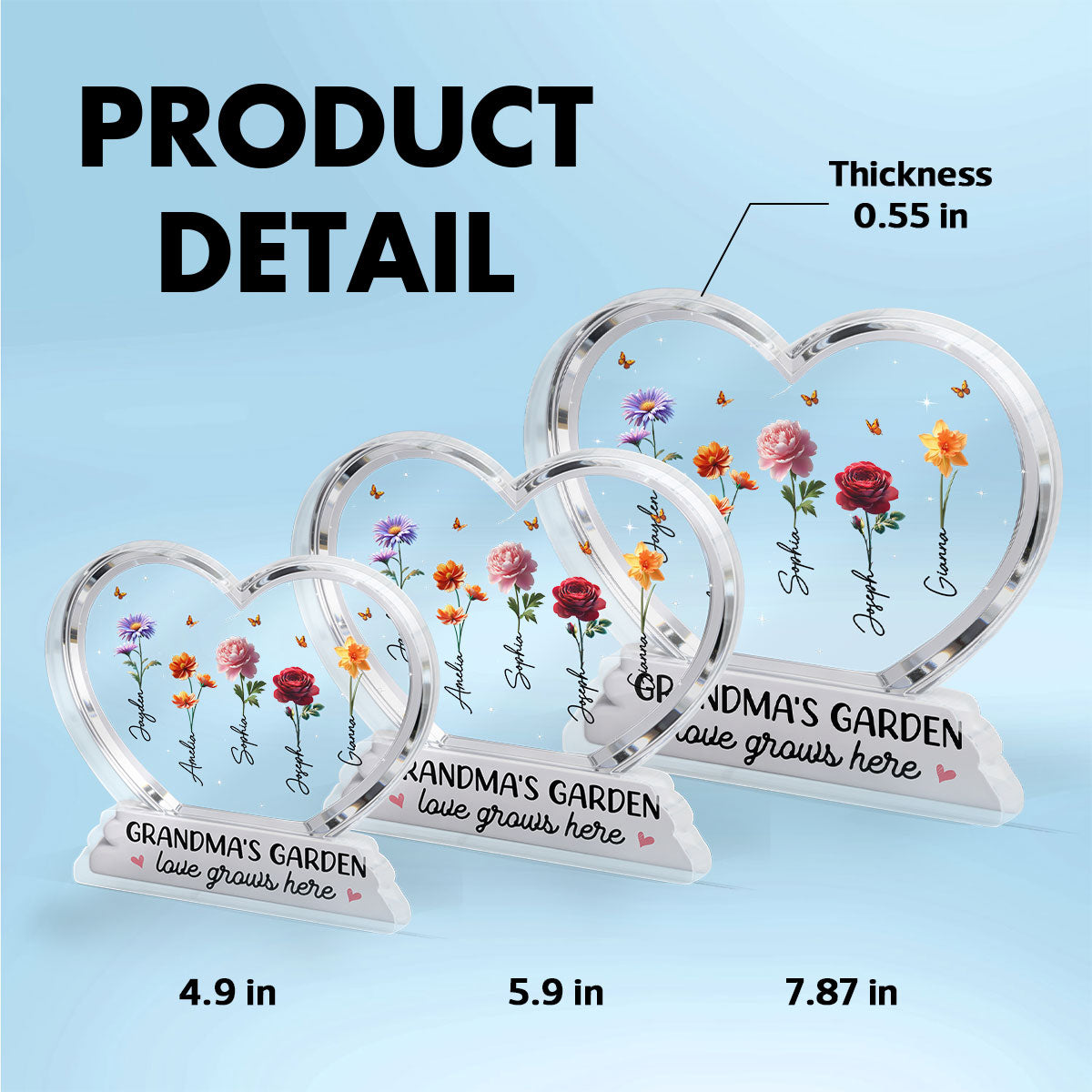 Grandma's Garden Birth Month Flowers In Heart 2D Flat - Personalized Acrylic Block Plaque - Gift For Grandma