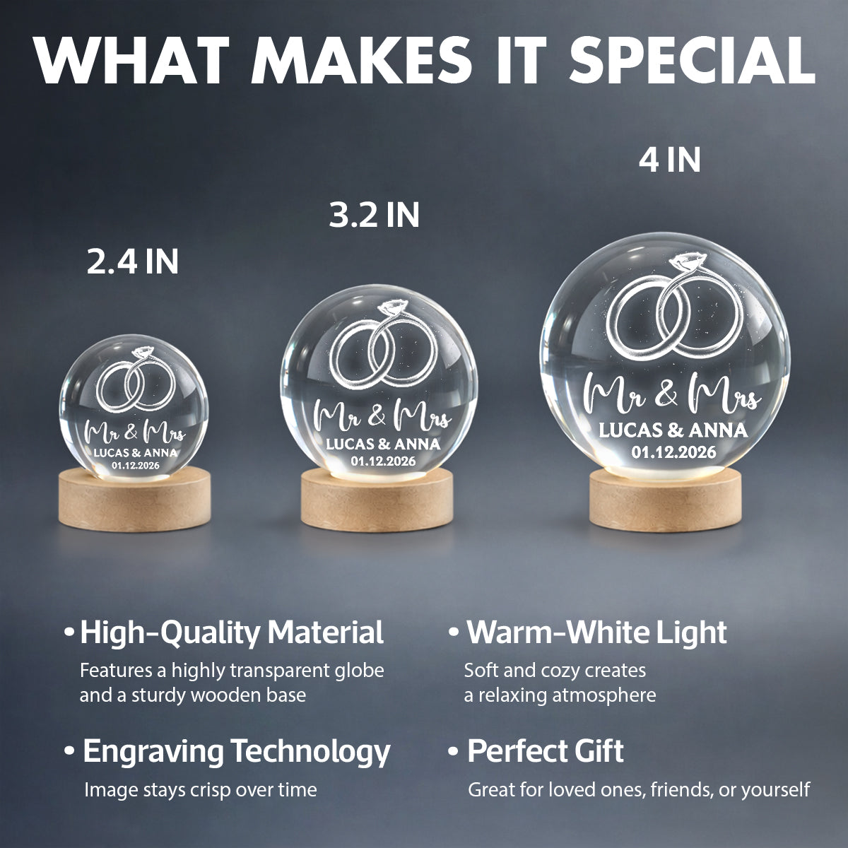 Couple Wedding Rings Interlocked - Personalized Crystal Ball LED Night Light - Heartfelt Valentine's Day Gift for Her, for Him, Wedding Anniversary Gift