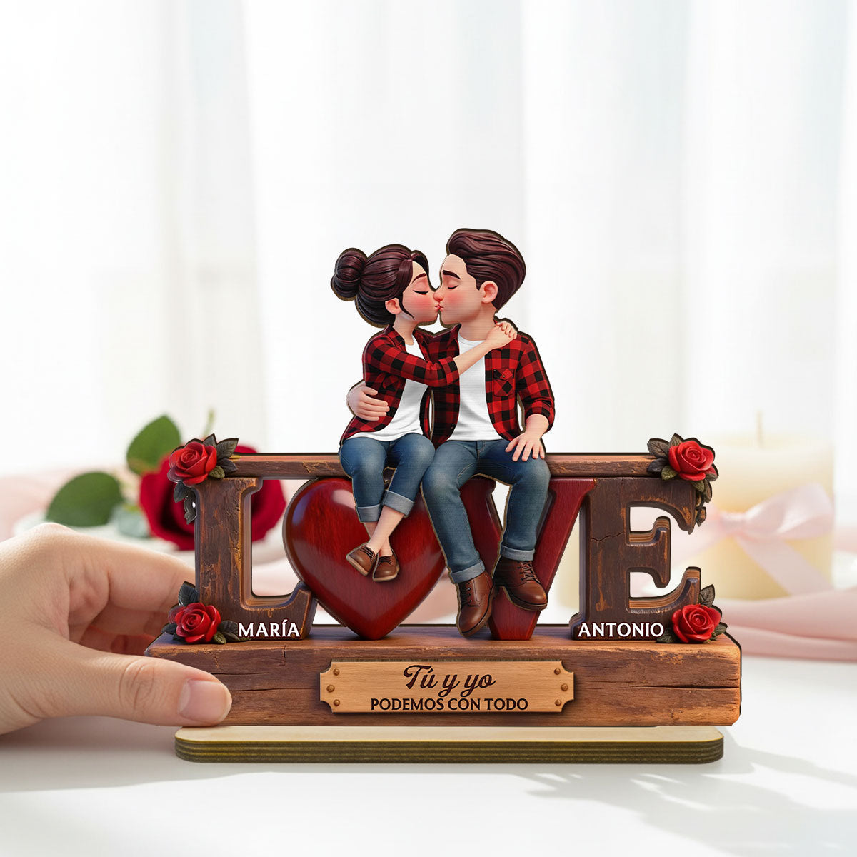 Roses LOVE Spanish Couple Sitting Kissing - Personalized 2-Layered Wooden Plaque - Heartfelt Gift For Couple