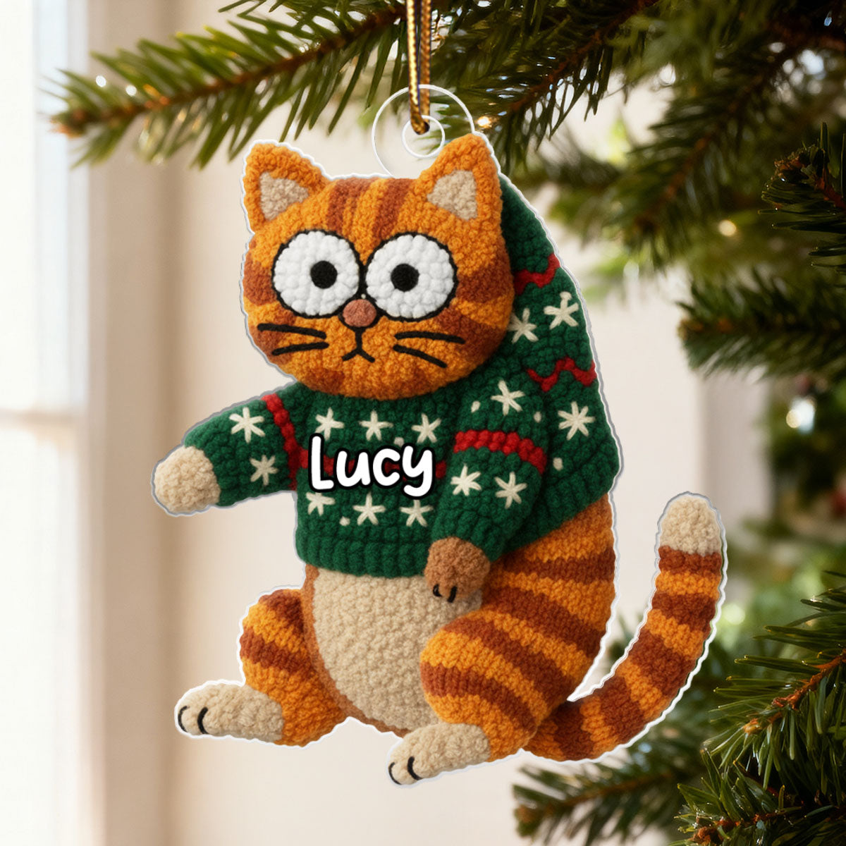 Funny Cat Hanging Latch Hook Yarn Faux - Personalized Acrylic Ornament - Christmas Gift for Cat Lovers