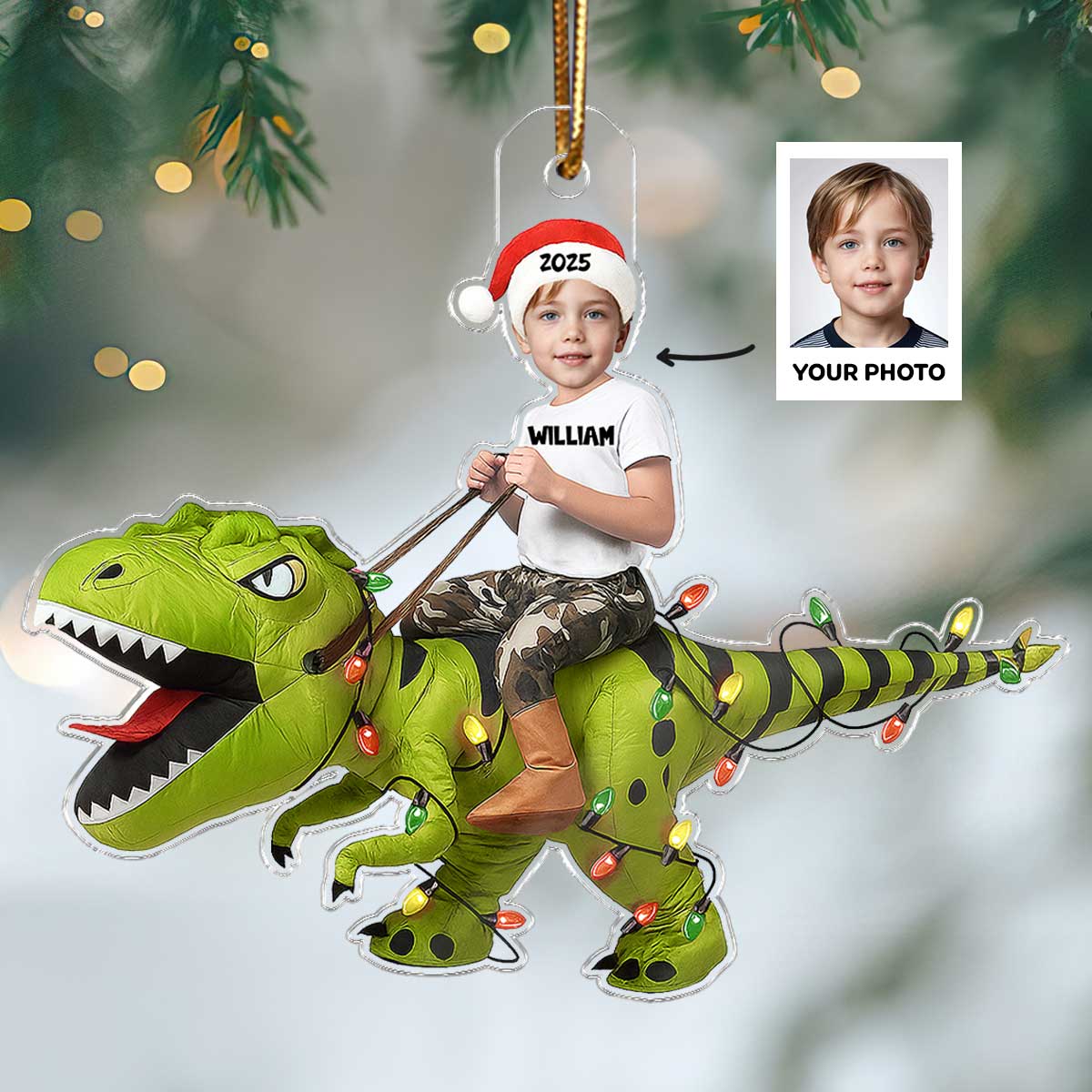 3D Effect Custom Face Kid With Dinosaur - Personalized Acrylic Ornament - Gift For Kids, Granddaughter, Grandson, Daughter, Son