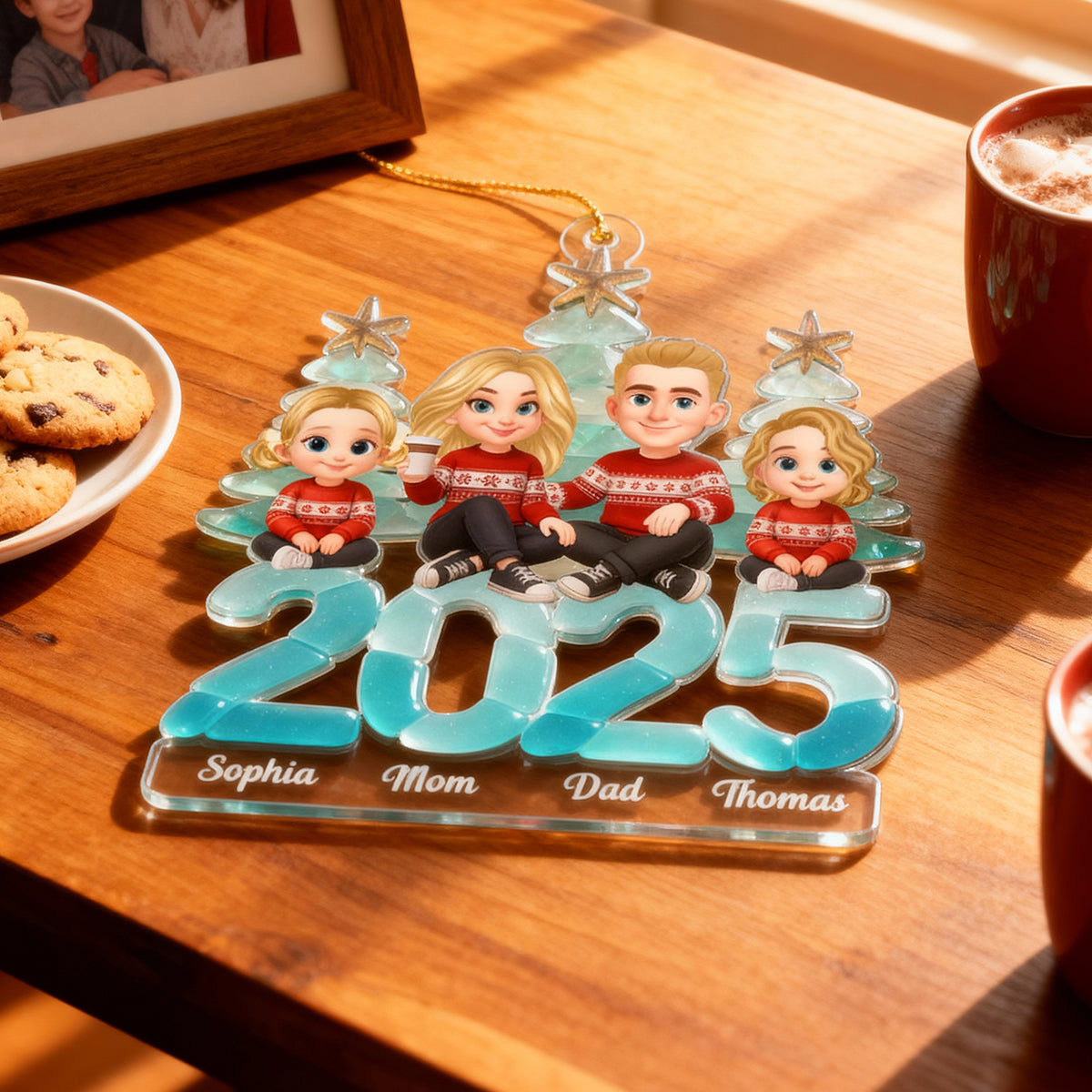3D Effect Sea Glass Christmas Family Sitting On Text - Personalized Acrylic Ornament