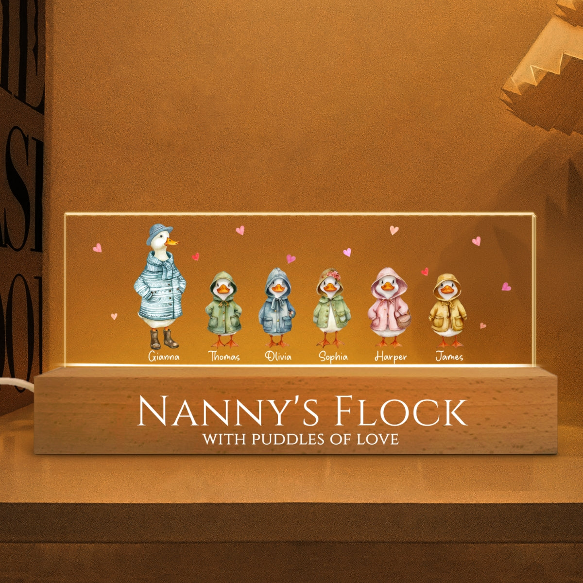 Nanny's Flock Gift For Grandma Nana Grammy Cute Watercolor Ducks - Personalised Acrylic Block LED Night Light - Mother's Day Gift