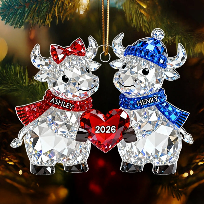 3D Crystal Effect Christmas Highland Cow Couple - Personalized Acrylic Ornament - Heartwarming Christmas Gift for Couple