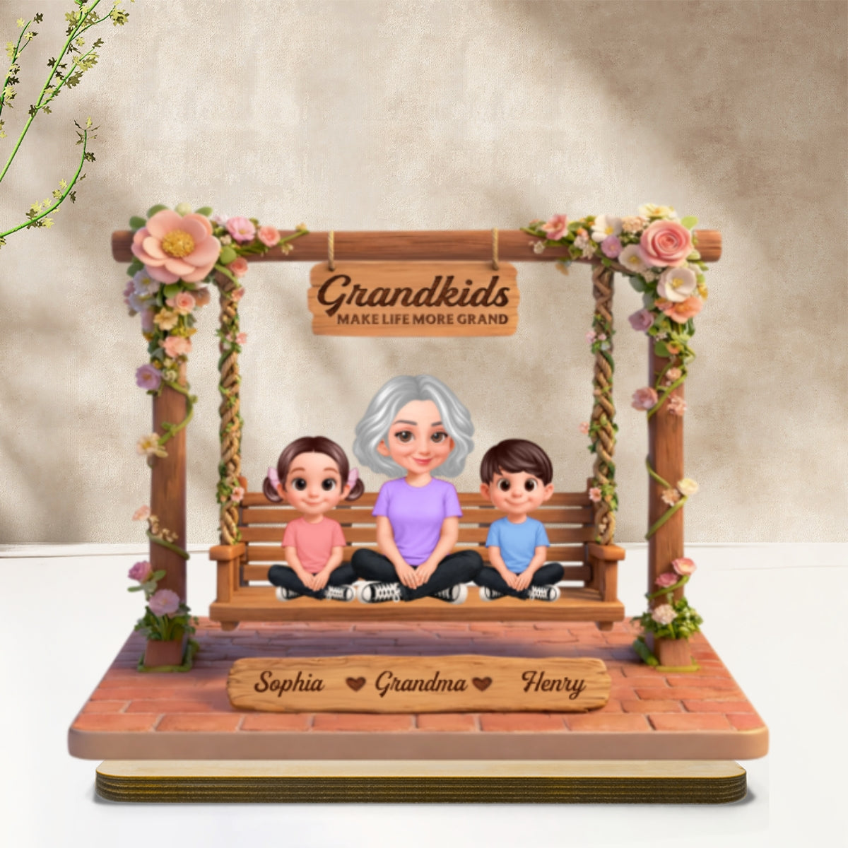 Where Love Gently Swings Grandma Grandkids - Personalized 2-Layered Wooden Plaque - Gift For Grandma
