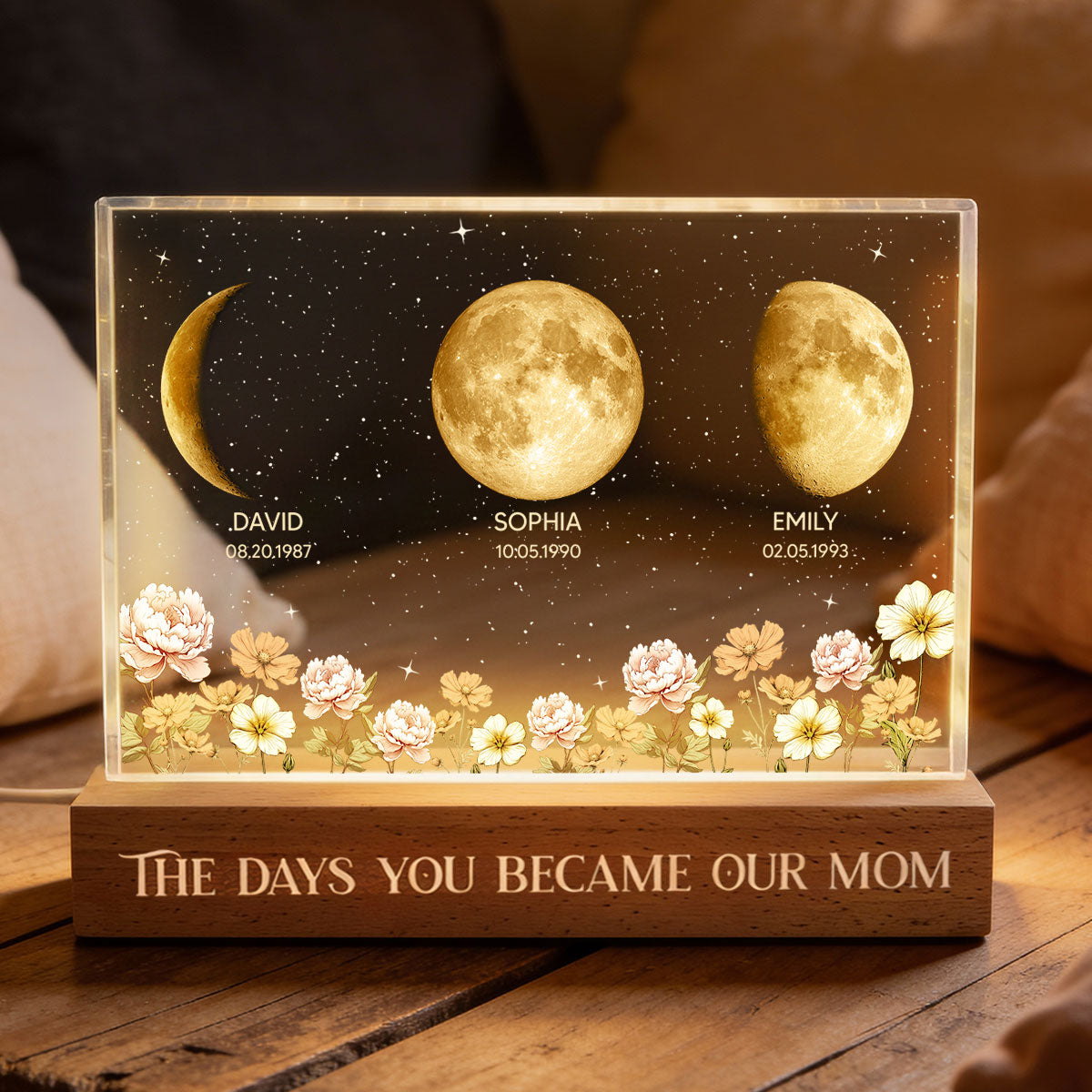 The Day You Became Our Mom Custom Moon Phase by Date - Personalized Acrylic Block LED Night Light, Custom Birth Flowers