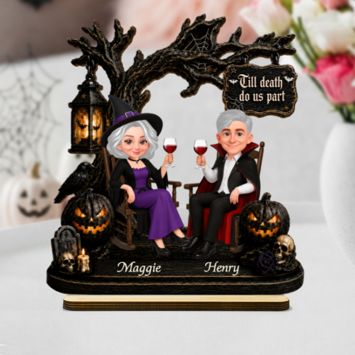 Couple Sitting Under Spooky Halloween Tree 2D Flat - Personalized 2-Layer Wooden Plaque - Tabletop Tier Tray Wicca Pagan Decor