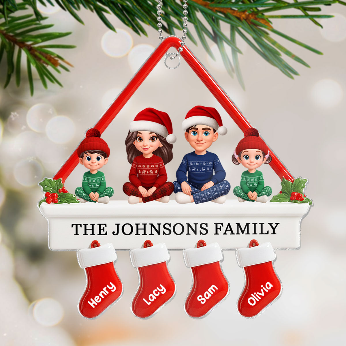 3D Effect Family Sitting On Christmas Mantel - Personalized Acrylic Ornament