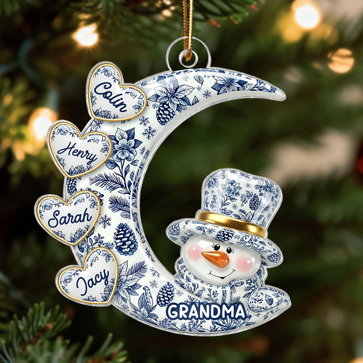 3D Effect Timeless Vintage Toile De Jouy Grandma Snowman Hearts Moon - Personalized Acrylic Ornament - Gift For Grandparents