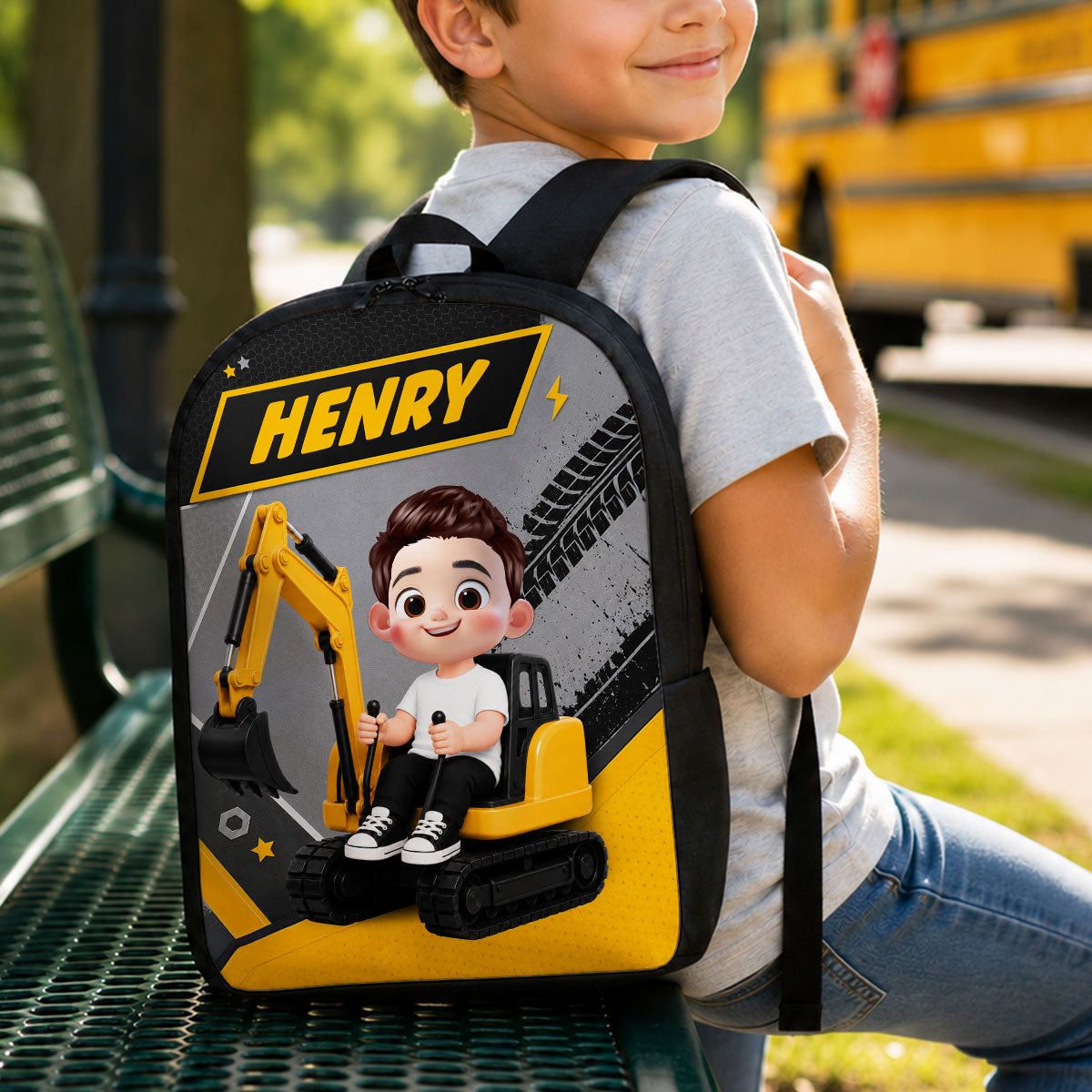 Cute Kid Ride Excavator - Personalized Backpack - Back To School Gift For Kids, Grandkids