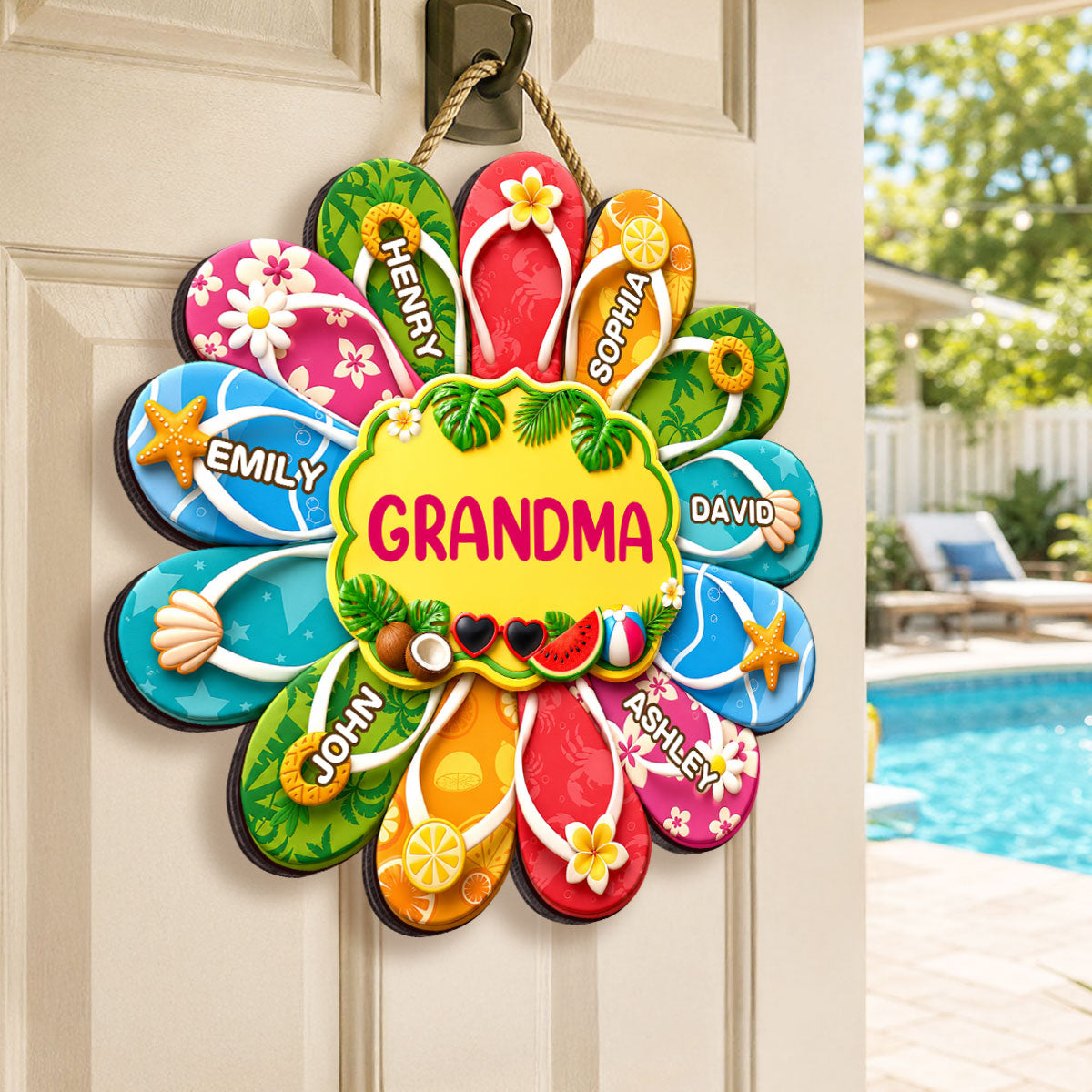 Hello Summer Grandma Flip Flop Custom Grandkids Names - Personalized Wood Sign - Summer Decoration