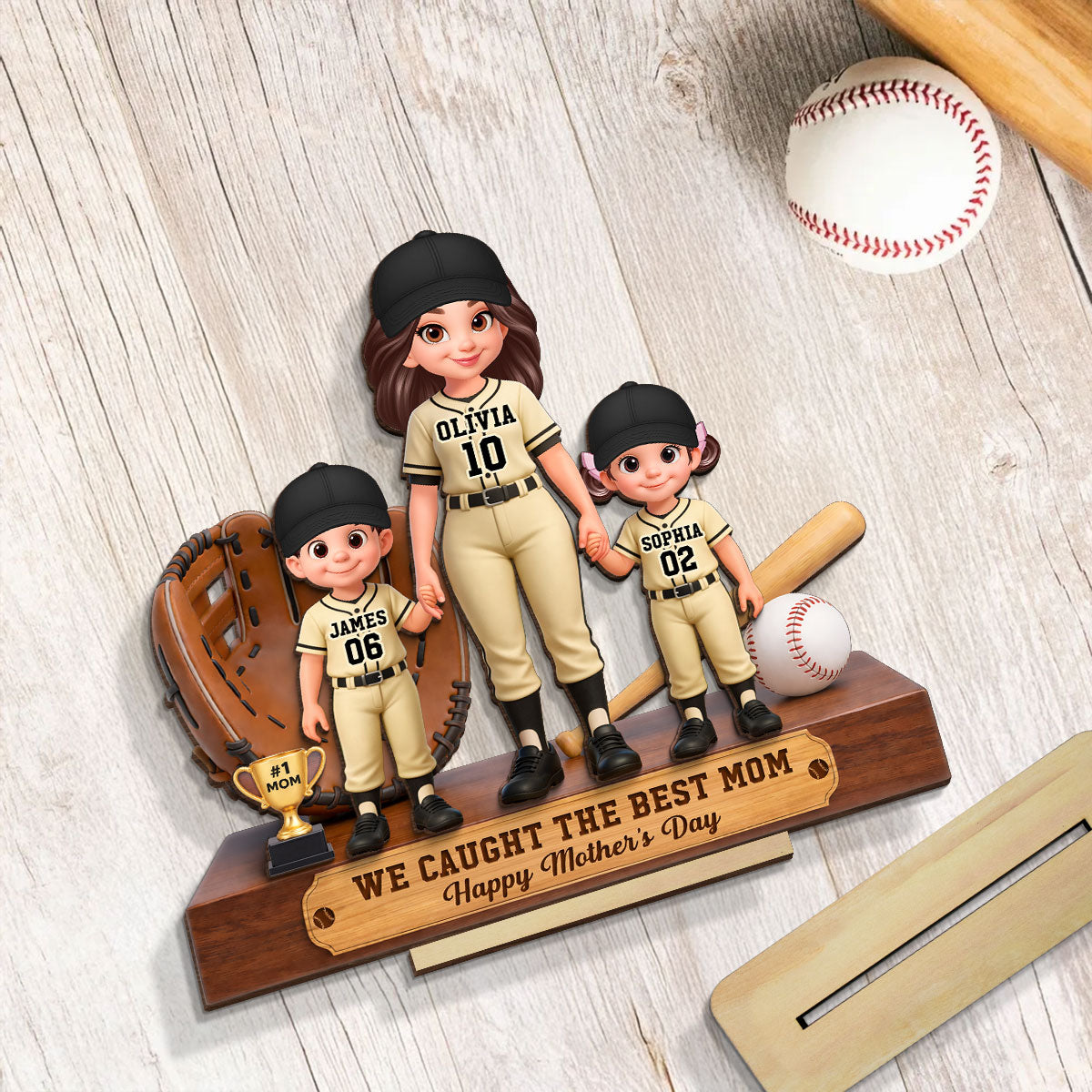 Baseball Mom And Kids We Caught The Best Mom - Personalized 2-Layered Wooden Plaque - Mother's Day Gift For Baseball Mom