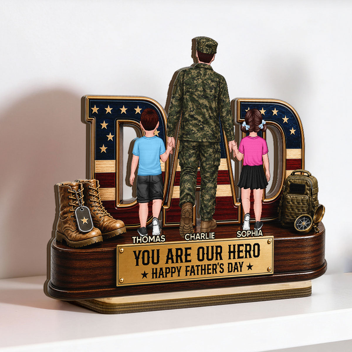 Nation Flag Military Dad You Are Our Hero - Personalized 2-Layered Wooden Plaque -  Gift For Dad, Husband
