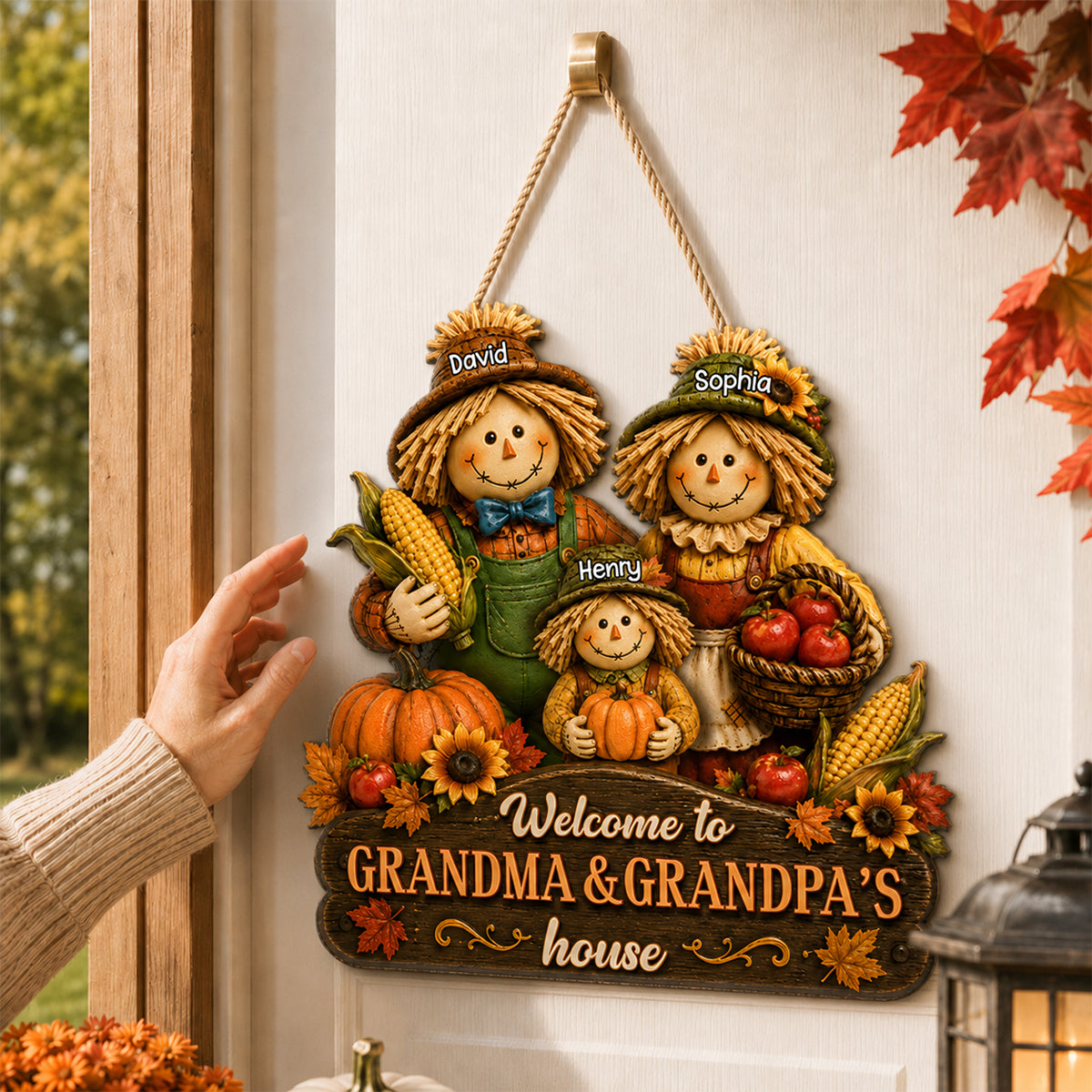 Welcome to Grandma Grandpa's House Scarecrow - Personalized Door Hanger - Fall Thanksgiving Decor