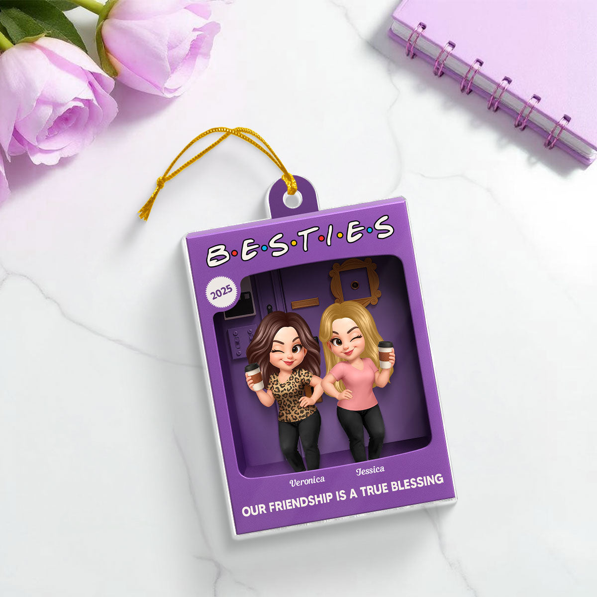 3D Effect Besties Forever Best Friends Purple Toy Box Style Personalized Acrylic Ornament, Christmas Gift For Besties