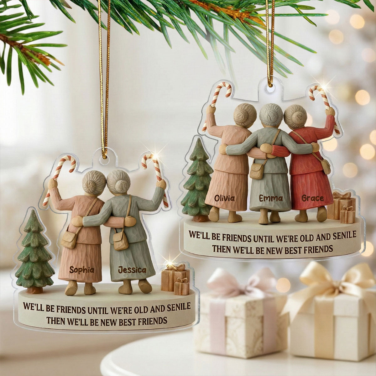 3D Effect We'll Friends Until Old & Senile Old Besties - Personalized Acrylic Ornament - Gift For Best Friends