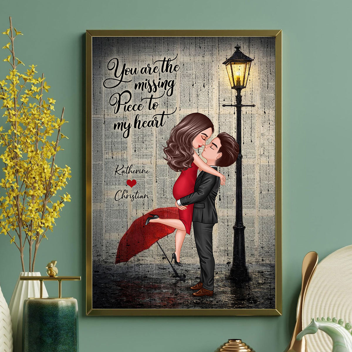 Vintage Newspaper Couple Hugging Kissing Under Lamp Post - Personalized Poster