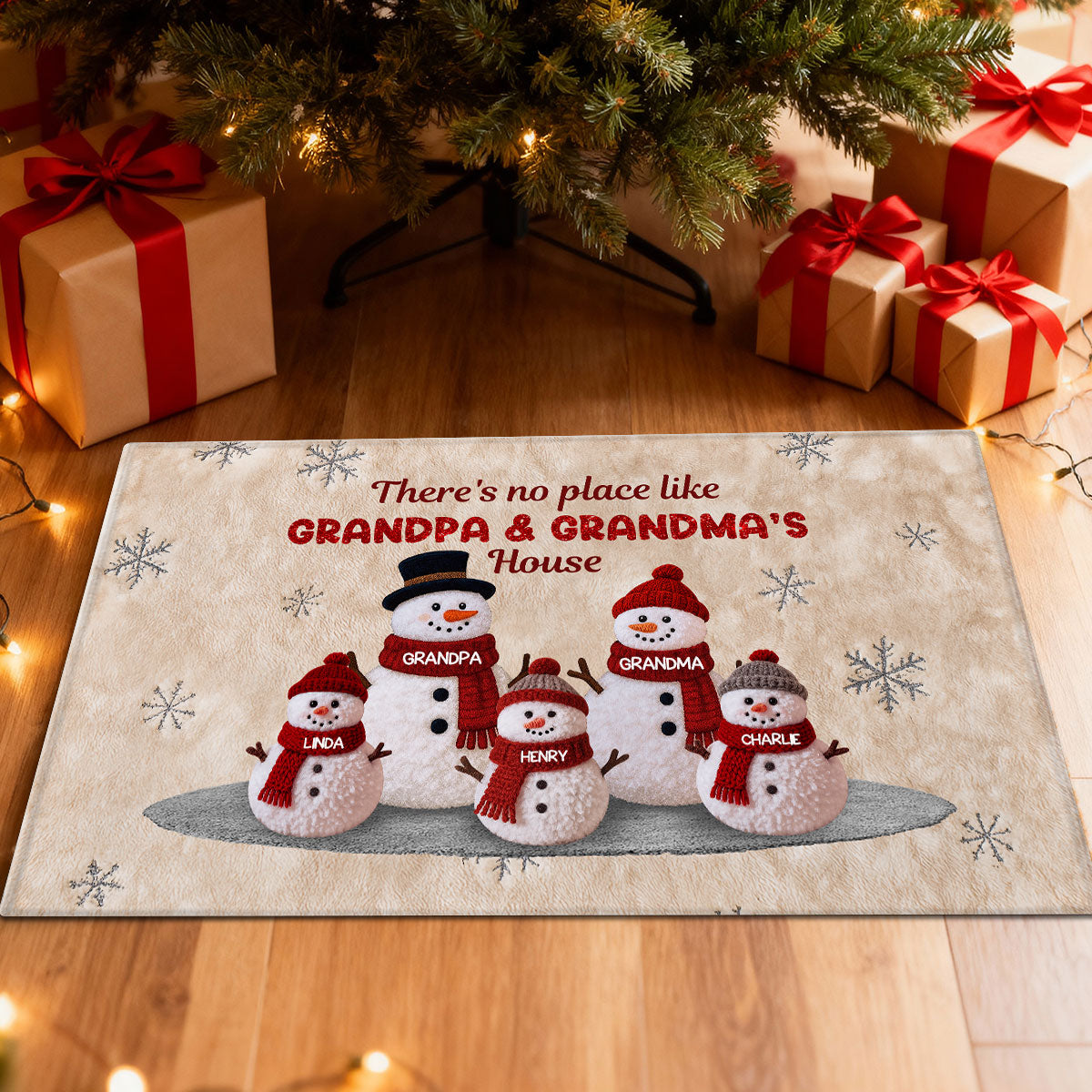 3D Effect Fleece Texture Christmas Grandma Grandkids Snowman Together - Personalized Doormat