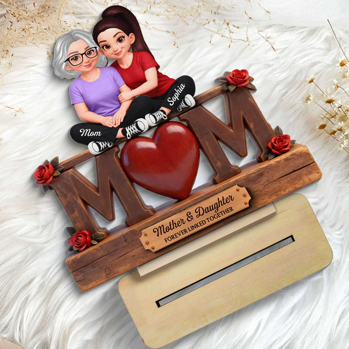 Rose MOM And Daughter Forever Linked Together - Personalized 2-Layered Wooden Plaque - Gift For Mom