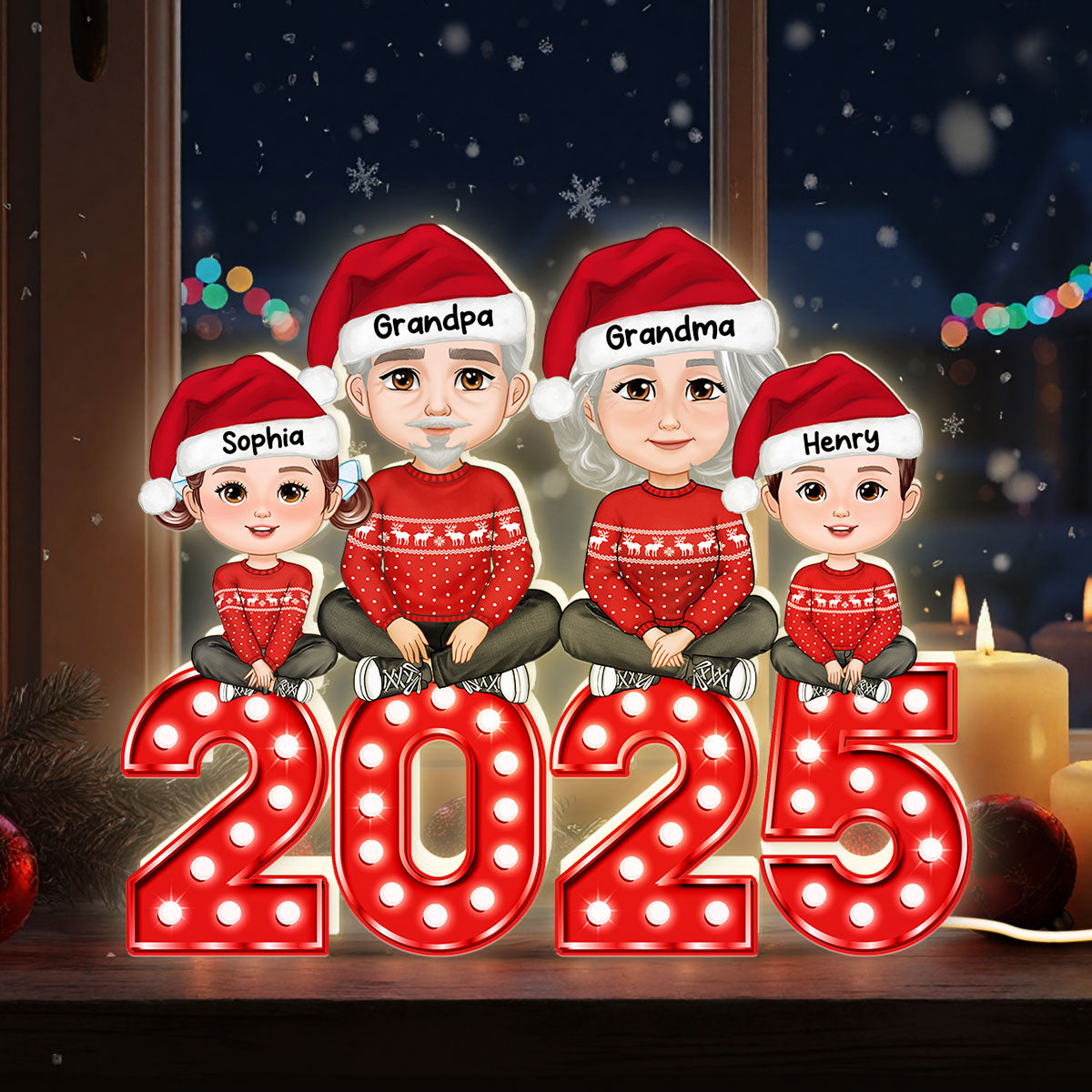 Christmas Grandma Grandpa And Grandkids Marquee Pattern Effect - Personalized Light Box