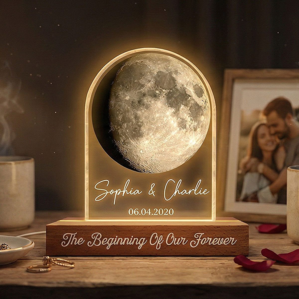 Forever Love Custom Couple Moon Phase Anniversary Date - Personalized Acrylic Block LED Night Light - Valentine's Day Gift For Couple, For Her, For Him