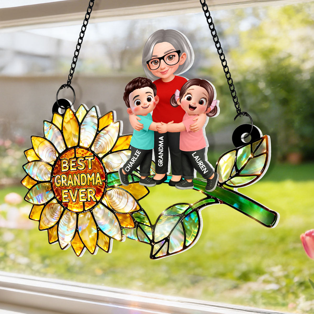 Sunflower Grandma Hugging Grandkids - Personalized Window Hanging Suncatcher - Mother's Day Gift for Mom, Wife