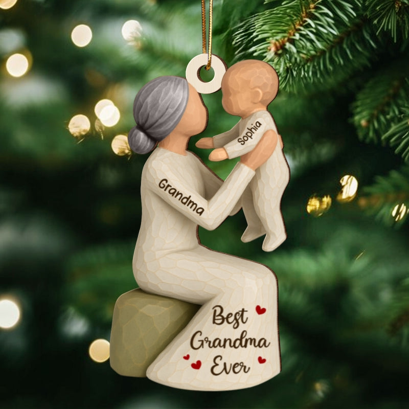 3D Effect Grandma Holding Grandkid - Personalized Wooden Ornament - Unique Christmas Gift for Grandma