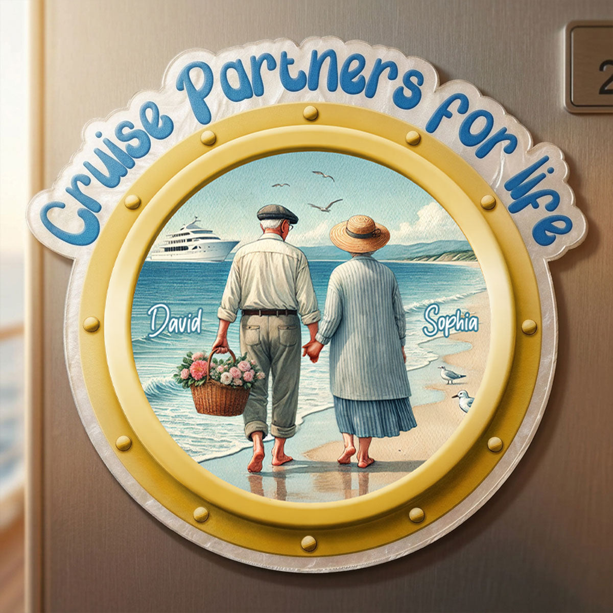 Cruise Partners For Life Porthole Old Couple Walking On The Beach - Personalized Cruise Ship Door Magnet - Cruise Trip Keepsake