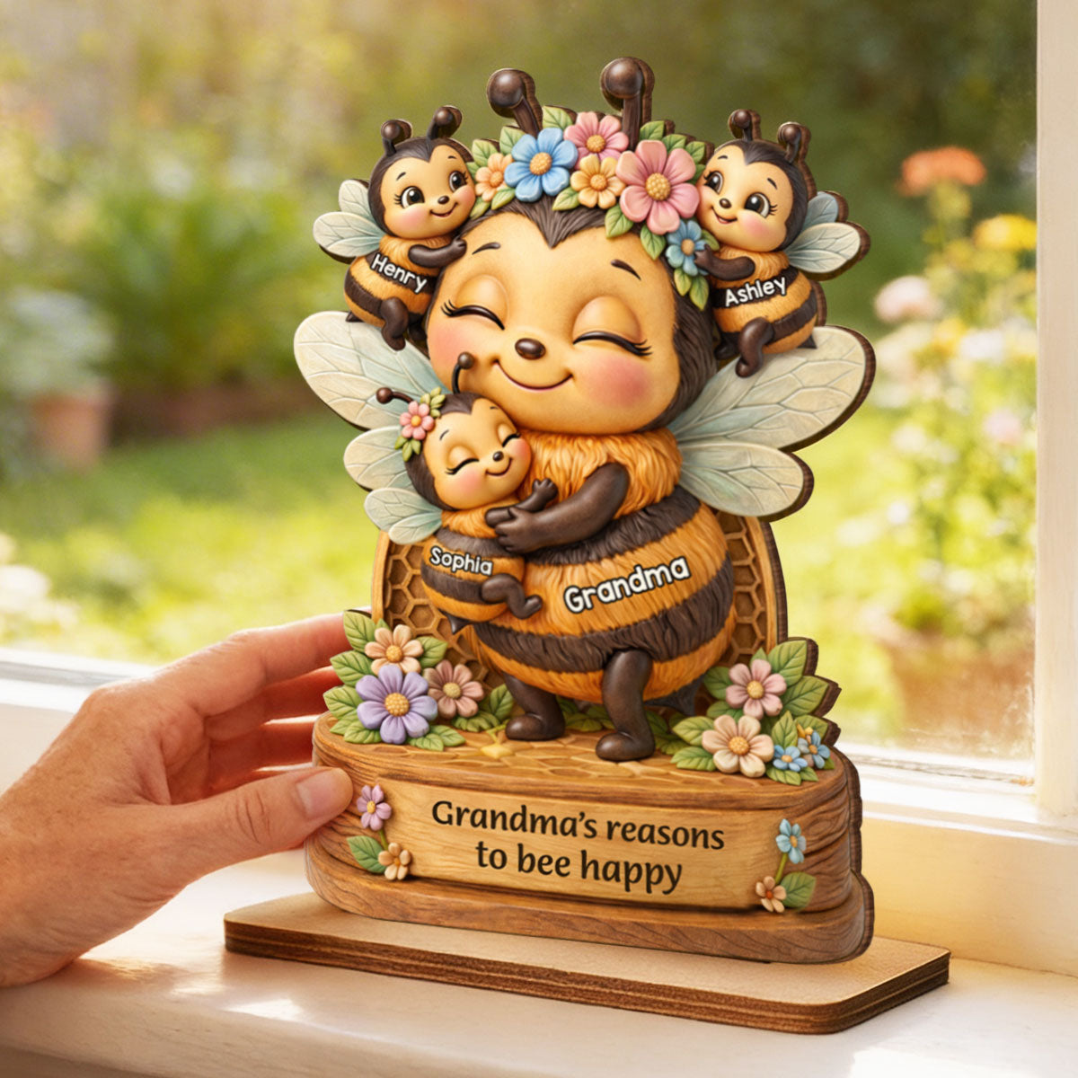 Grandma Mom's Reasons to Bee Happy - Personalized 2-Layered Wooden Plaque - Mother's Day Gift for Grandma, Mom
