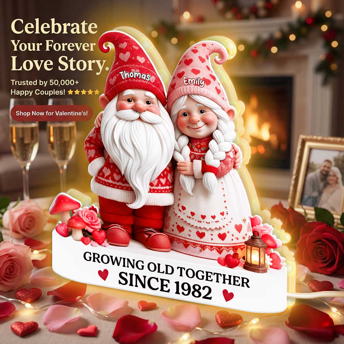 Eternal Love Nostalgia Valentine Gnome Couple Growing Old Together - Personalized Light Box - Heartfelt Valentine's Day Gift, Anniversary Gift For Couple, For Him, For Her
