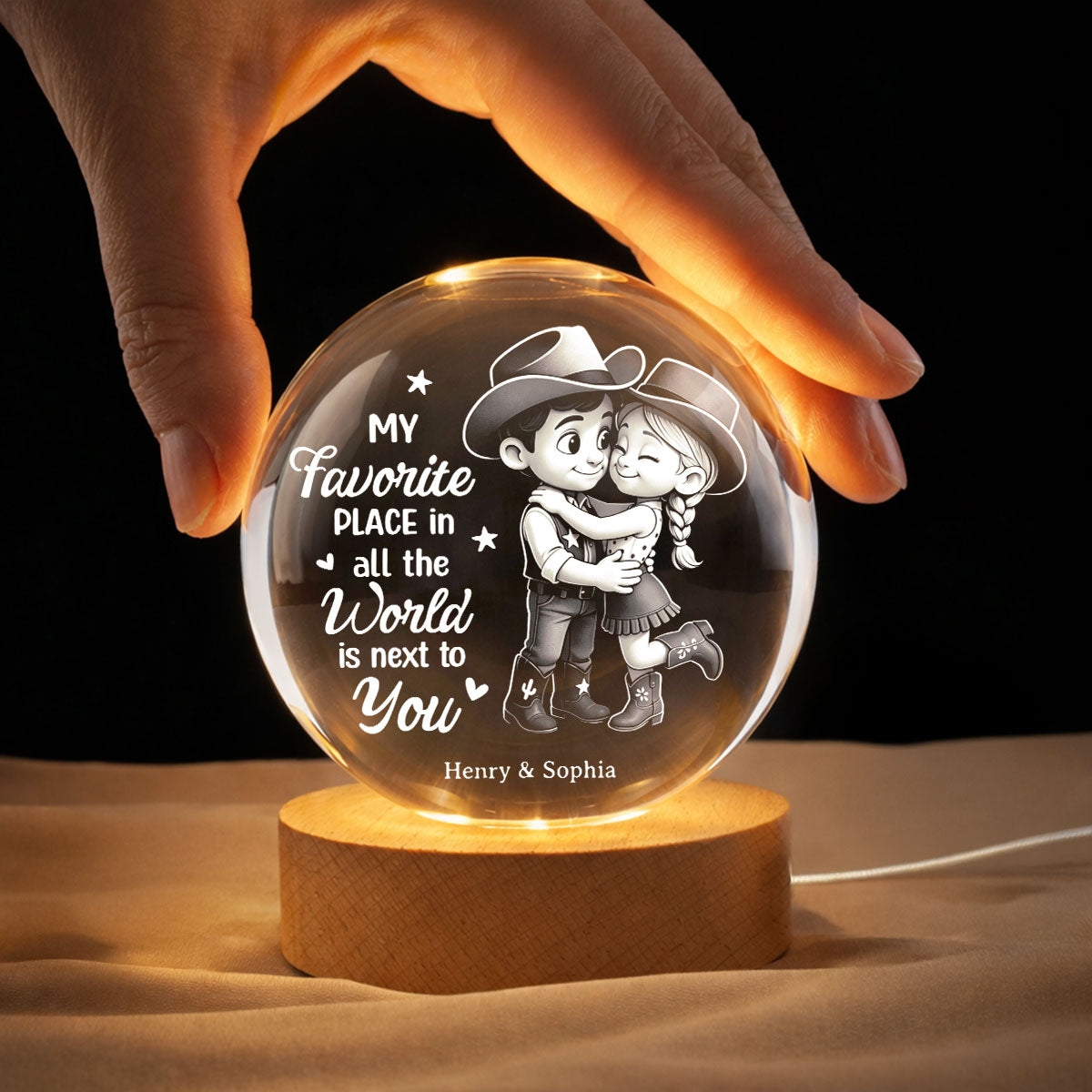 Countryside Couple Cowboy Cowgirl - Personalized Crystal Ball LED Night Light - Anniversary, Valentine's Day Gift, Gift For Him, Gift For Her