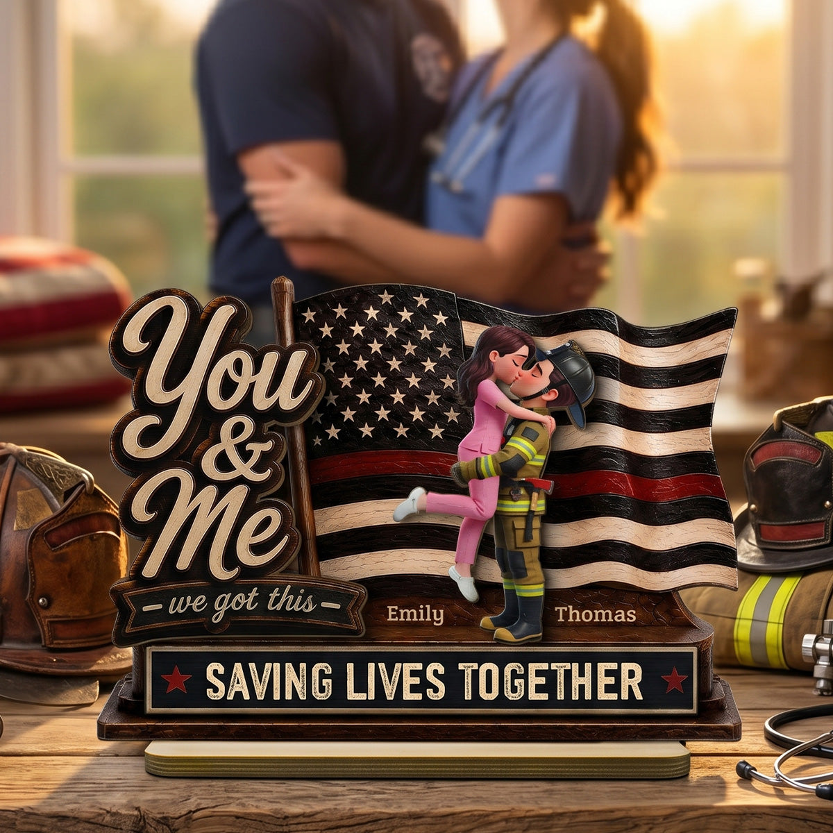 Proud Hero Couple You & Me We Got This 2D Flat - Personalized 2-Layered Wooden Plaque - Gift For Couple, For Him, For Her, Nurse, Police, Firefighter, Army