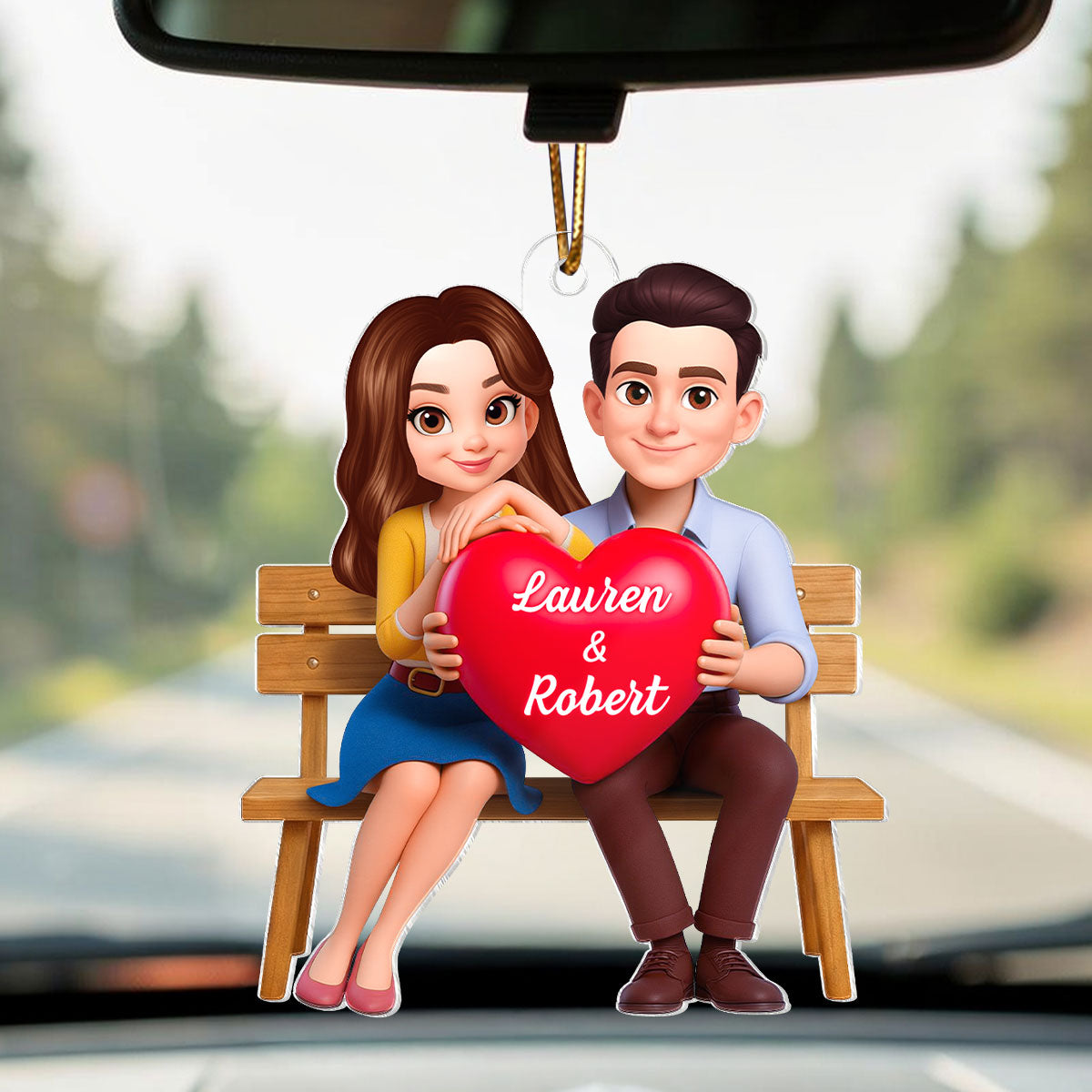 3D Couple with Red Heart - Personalized Car Hanger - Gift for Her, for Him