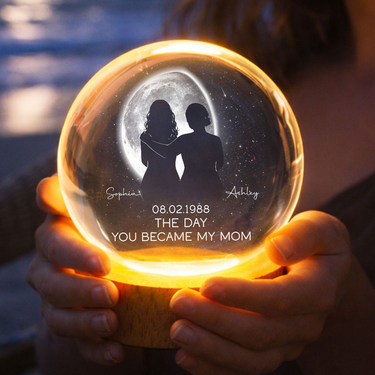 The Day You Became My Mom, Custom Moon Phase by Date - Personalized Crystal Ball LED Night Light - Heartfelt Mother's Day Gift for Mom, Wife