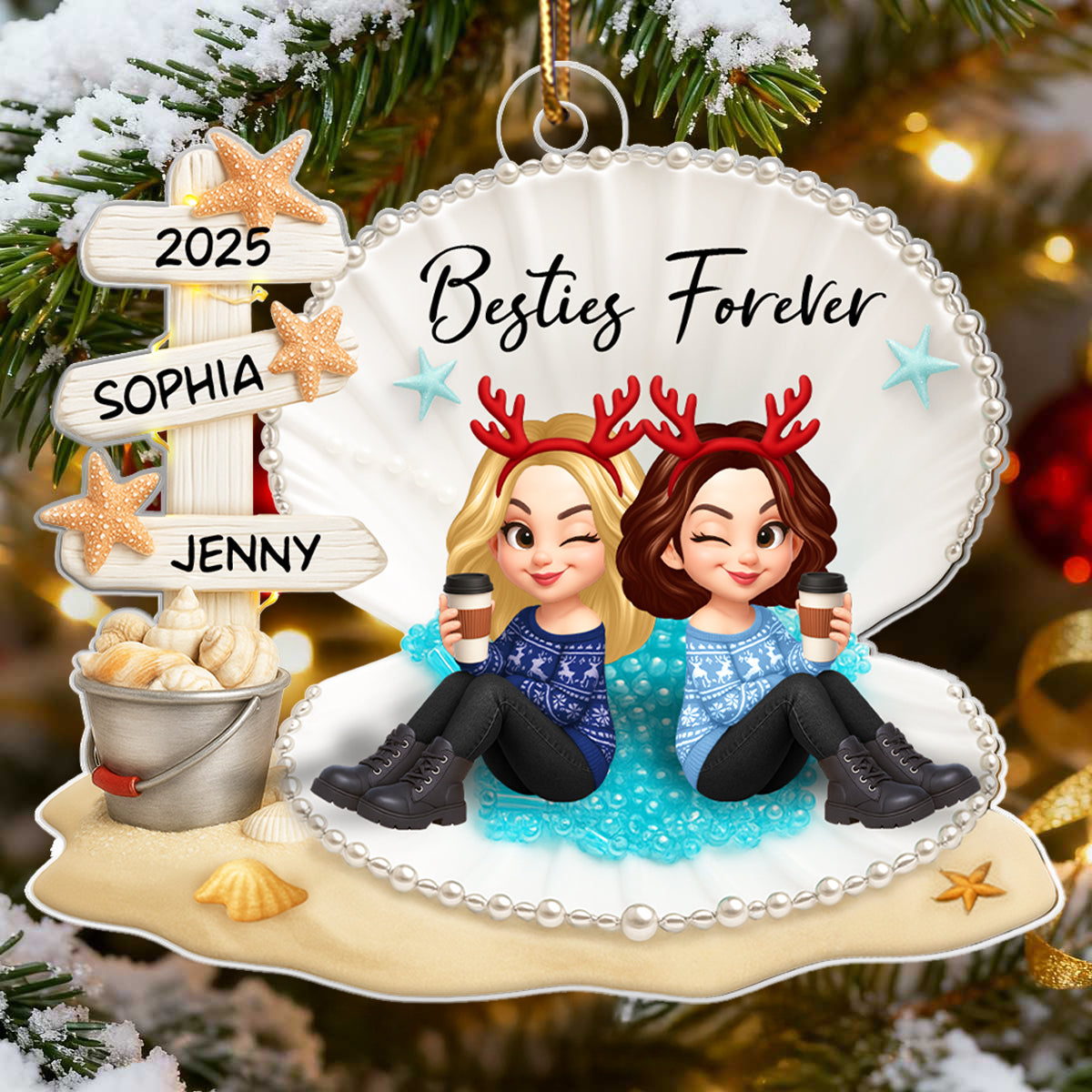 Besties Sitting in Shell - Personalized Acrylic Ornament - Christmas Gift for Best Friends