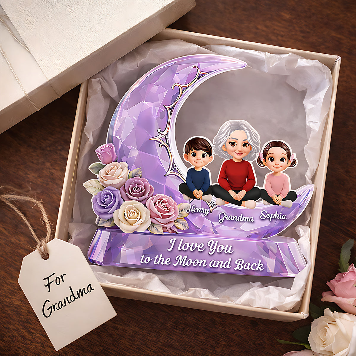 Love You To The Moon Grandma Grandkids Rose Moon - Personalized Acrylic Block Plaque - Heartfelt Gift For Mom, Grandma