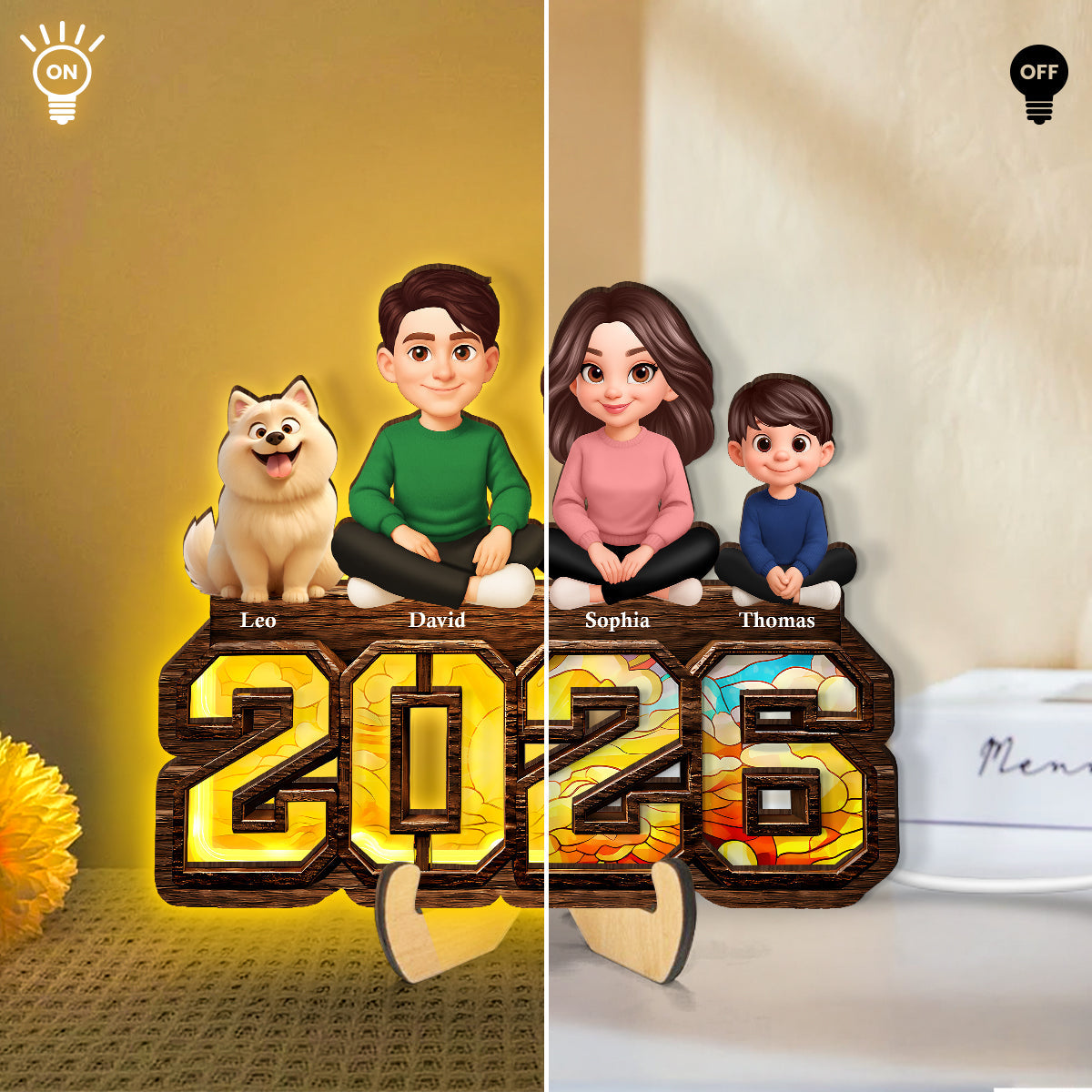 3D Effect Family And Dog Cat - Personalized Wooden Frame With LED - Heartfelt Gift For Mom, Dad
