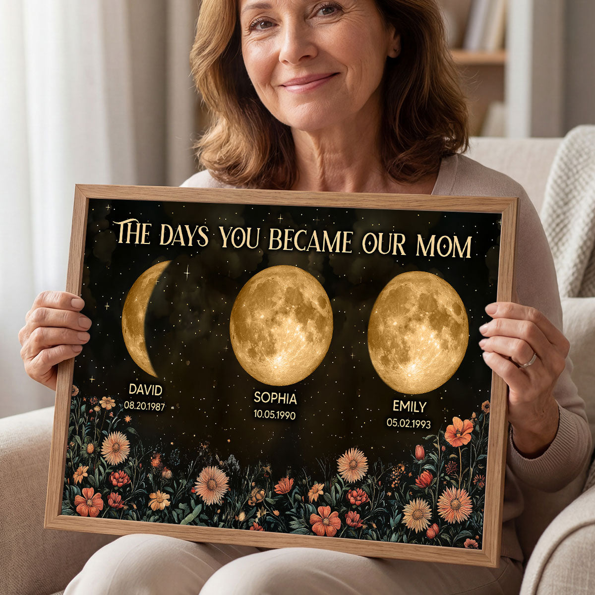 Vintage Flowers The Day You Became Mom Grandma Custom Birth Moon Phase - Personalized Poster, Mother's Day Gift For Mom, Grandma
