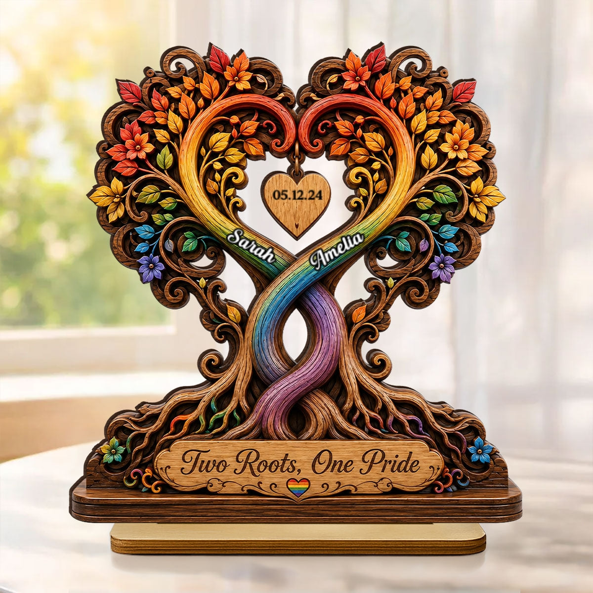 Two Roots One Pride LGBTQ+ Couple - Personalized 2-Layered Wooden Plaque - Heartfelt Anniversary Gift for Her, for Him
