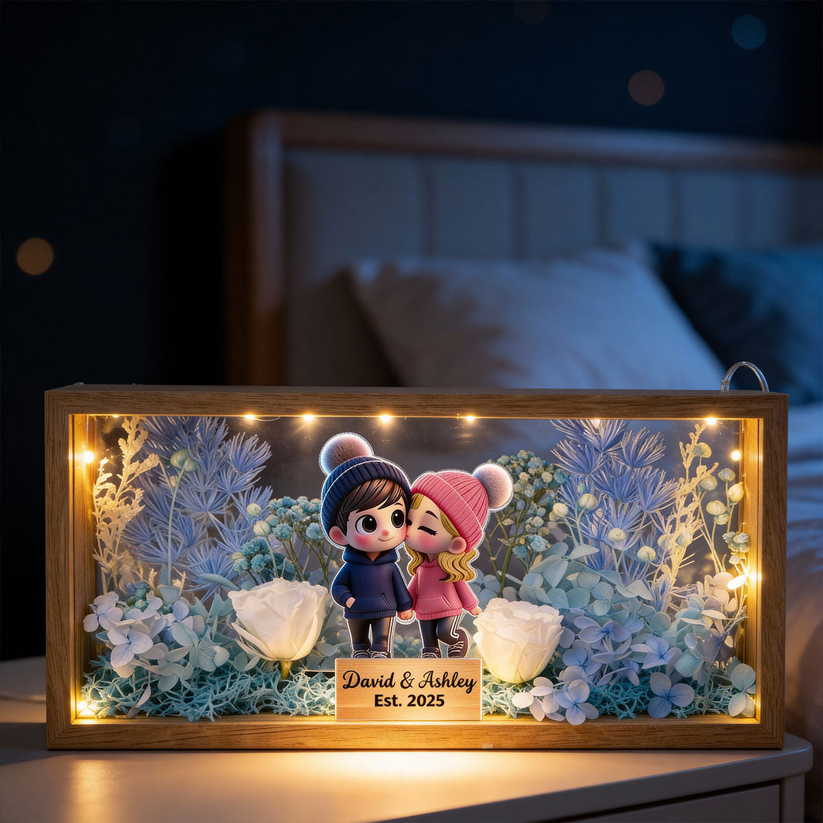 Eternal Love Cute Cartoon Chibi Couple Couple - Personalized DIY Flower Shadow Box LED Night Light - Gift For Couple, For Him, For Her